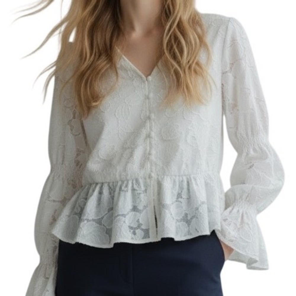 Elizabeth and James White Floral Blouse Bell‎ Sleeve Large Ethereal Fairy Lace
